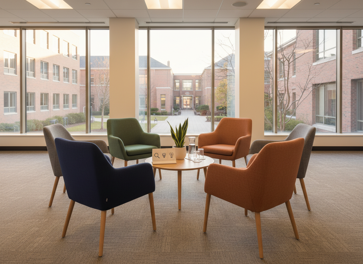 A circle of varied office chairs, each upholstered in a different muted tone—navy, forest green, terracotta, and soft gray—forms a precise ring in the center of a carpeted meeting room. In the middle, a low round table holds a small plant, a stack of folders labeled with simple icons, and a glass water carafe with tumblers. Floor-to-ceiling windows reveal a softly blurred campus courtyard outside. Late afternoon natural light and warm ceiling fixtures combine to produce a gentle, inclusive glow. Photographic realism from a slightly elevated, wide-angle view emphasizes the symmetry and openness of the space, symbolizing safe, equitable conversations in education and workplace consulting without depicting any people.