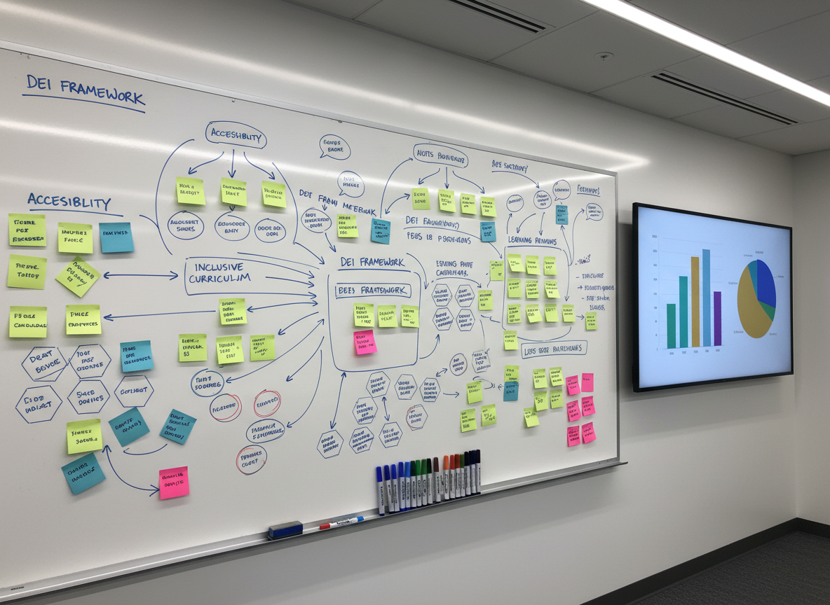An expansive whiteboard stretches across the wall of a contemporary training room, covered in neatly drawn flowcharts, arrows, and color-coded sticky-note shapes representing inclusive learning strategies and DEI frameworks. Below, a slim ledge holds an array of bright markers and an eraser. Subtle reflections from recessed ceiling lights give the surface a polished sheen. A large digital screen to the side displays abstract bar and pie charts in vibrant but balanced colors. Shot in photographic realism from an eye-level, slightly off-center perspective, with strong clarity and a clean, modern atmosphere, the image suggests active problem solving and collaborative educational consulting without any visible people.
