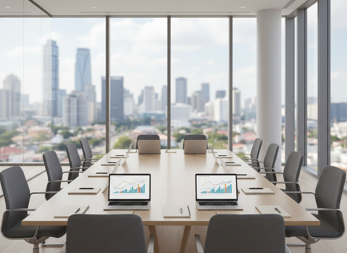 A large, sleek conference table made of light oak occupies the center of a modern learning and consulting space. Around it, ergonomic chairs in muted charcoal are neatly aligned, each place set with an open laptop displaying colorful data visualizations, notebooks, and pens. Glass walls reveal a blurred city skyline beyond, suggesting a professional urban environment. Soft, diffused daylight pours in from tall windows, creating gentle reflections on the table’s surface and a calm, focused atmosphere. Photographic realism at eye level, with a balanced composition and sharp focus throughout, emphasizes clarity, organization, and the seriousness of education consulting work without showing any human figures.