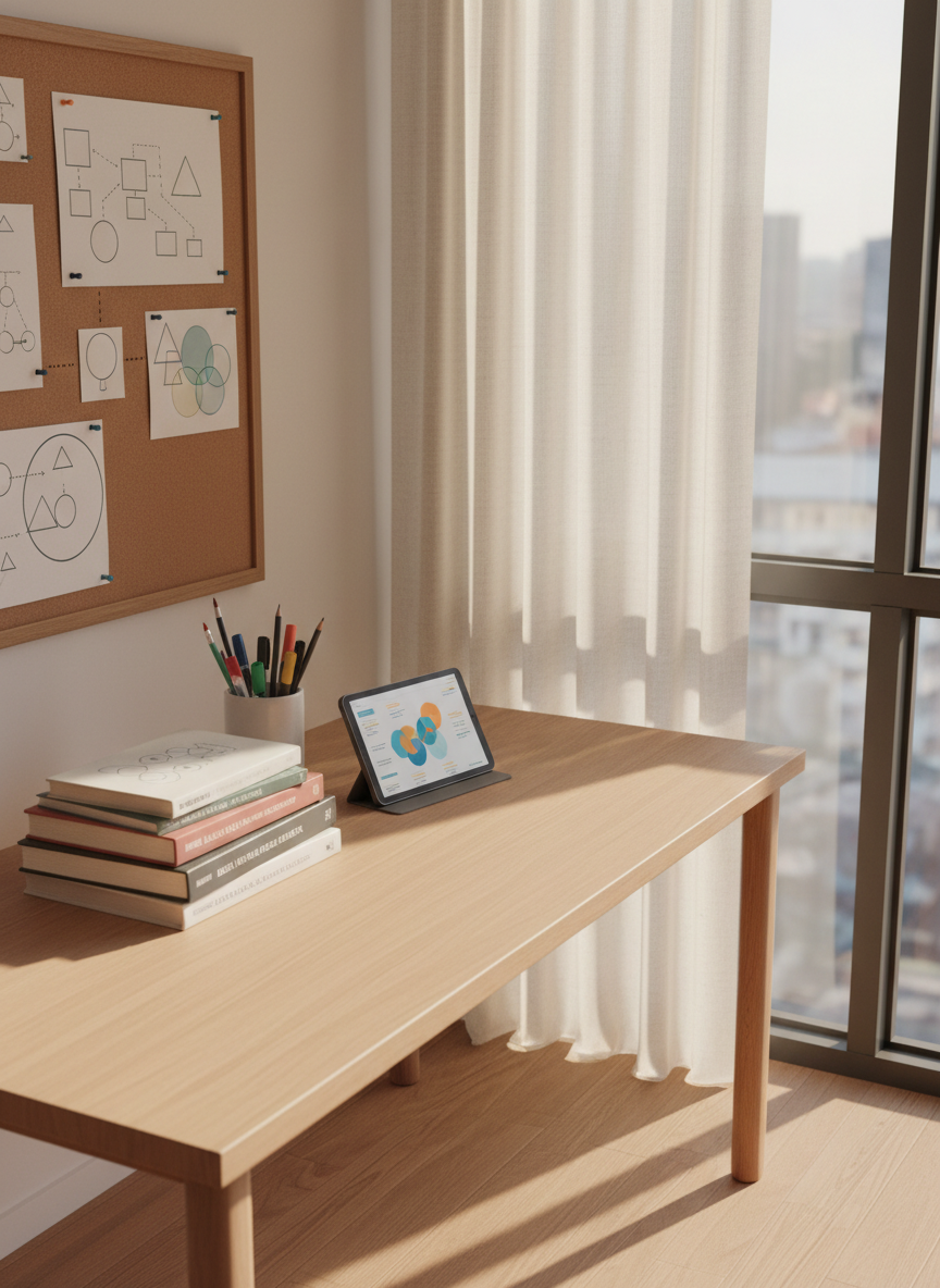 A minimalist educator’s desk sits near a large window, topped with a neatly stacked collection of well-worn textbooks, a slim modern tablet showing an abstract dashboard, and a ceramic cup filled with colorful pens. Beside them, a corkboard on the wall features pinned diagrams and charts represented as clean, geometric shapes. Gentle morning sunlight filters through sheer white curtains, casting soft shadows and a warm, inviting glow across the workspace. Captured in photographic realism from a slightly elevated angle, the scene feels thoughtful and organized, conveying the reflective planning and intentional design behind inclusive teaching and learning strategies in a professional consulting setting.